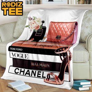 Chanel All Fashion Book Stack With Perfume And Purse In White Background Blanket