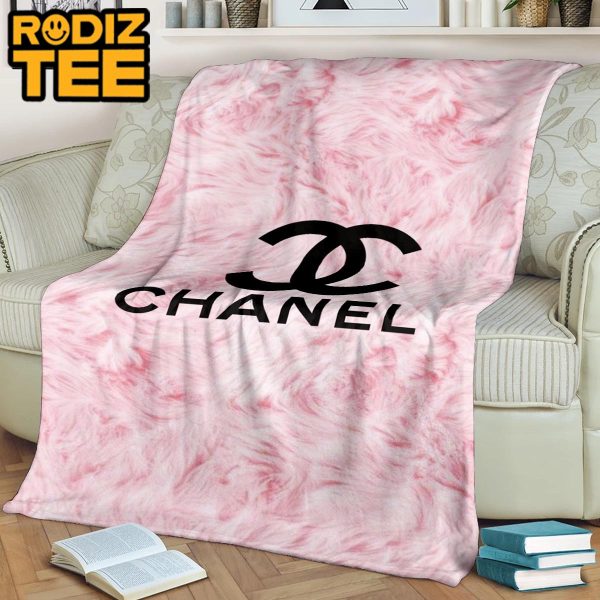 Chanel Big Logo In Baby Pink Feather Background Effect Blanket