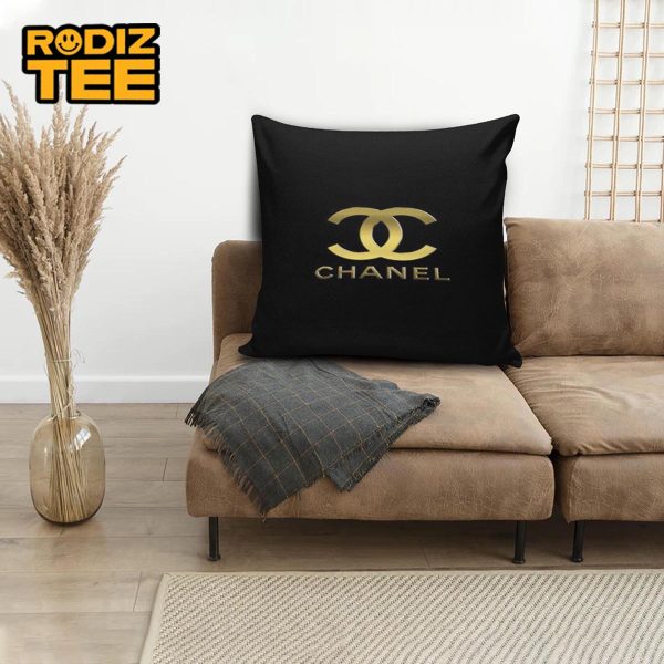 Chanel High Fashion Golden Logo In Black Background Pillow